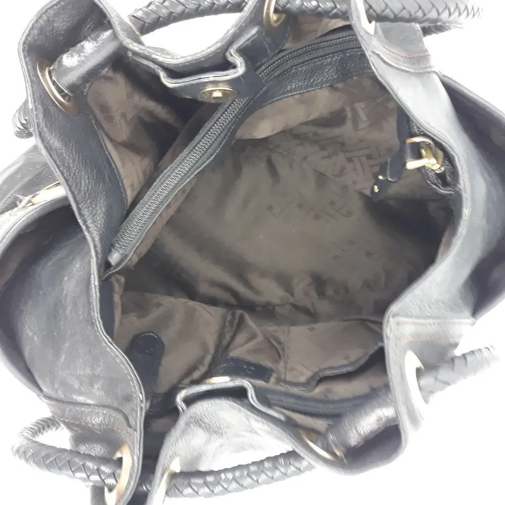 Cole Haan Hobo‎ Bag Leather Braided Grommets Genevieve Denny Black